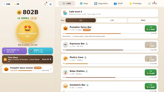 The café: the coin balance, the cup you tap, boosts, the season and the stations.