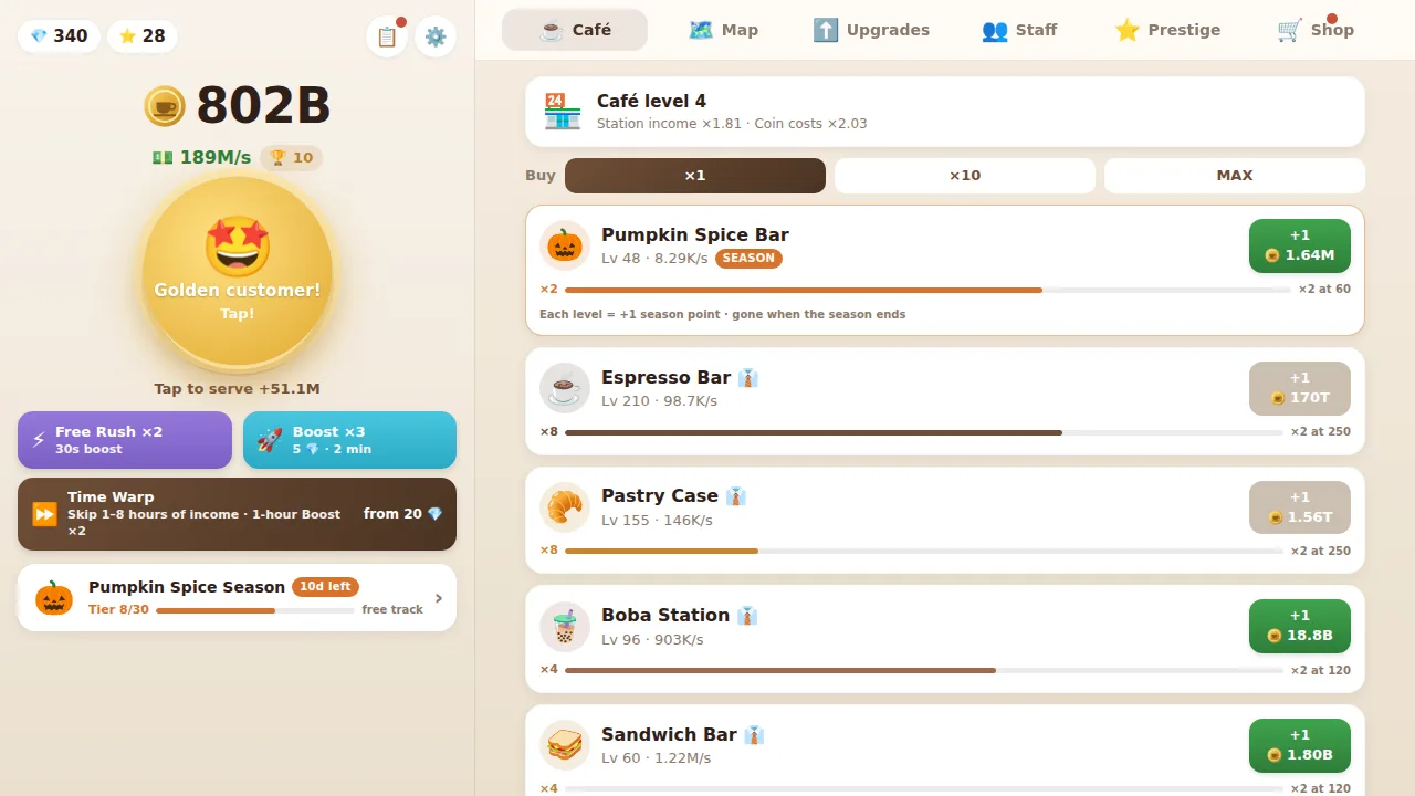 The café: the coin balance, the cup you tap, boosts, the season and the stations.