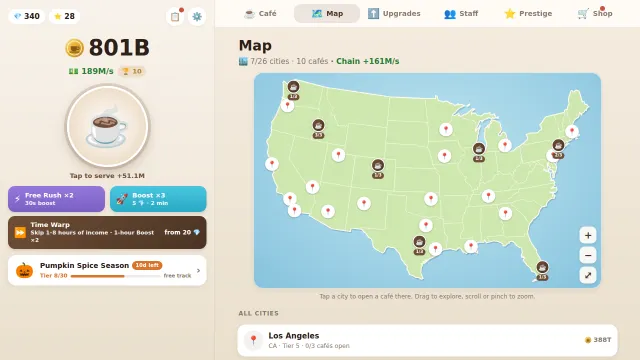 The map of America: every café you open keeps earning for the rest of the game.