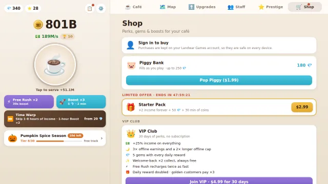 The shop: the Piggy Bank, the Starter Pack, the VIP Club, the Season Pass and gems.