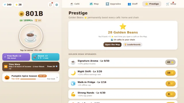 Prestige: Golden Beans buy upgrades that last forever.